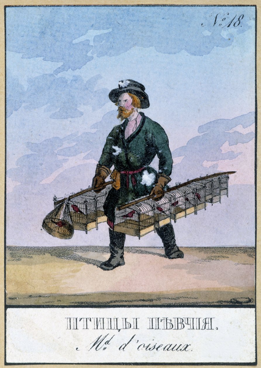 Rejsende fuglehandler - Indgravering af det 19. århundrede af Unknown artist