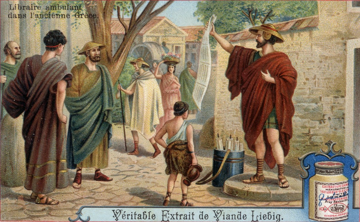 Rejsende boghandler i det antikke Grækenland. Kromolitografi, Liebig-billede. af Unknown artist