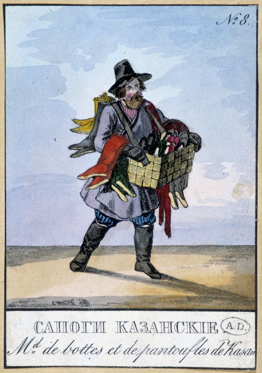 Omrejsende købmand af støvler og hjemmesko af Kasan - Indgravering af det 19. århundrede af Unknown artist