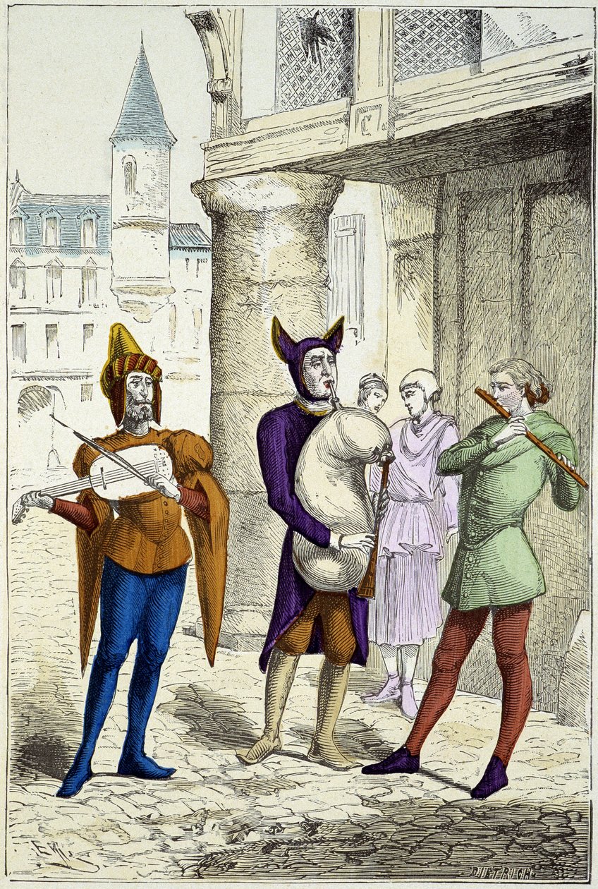 Omrejsende musikere i det 15. århundrede - i "" Costumes de Paris gennem århundrederne"" af Unknown artist