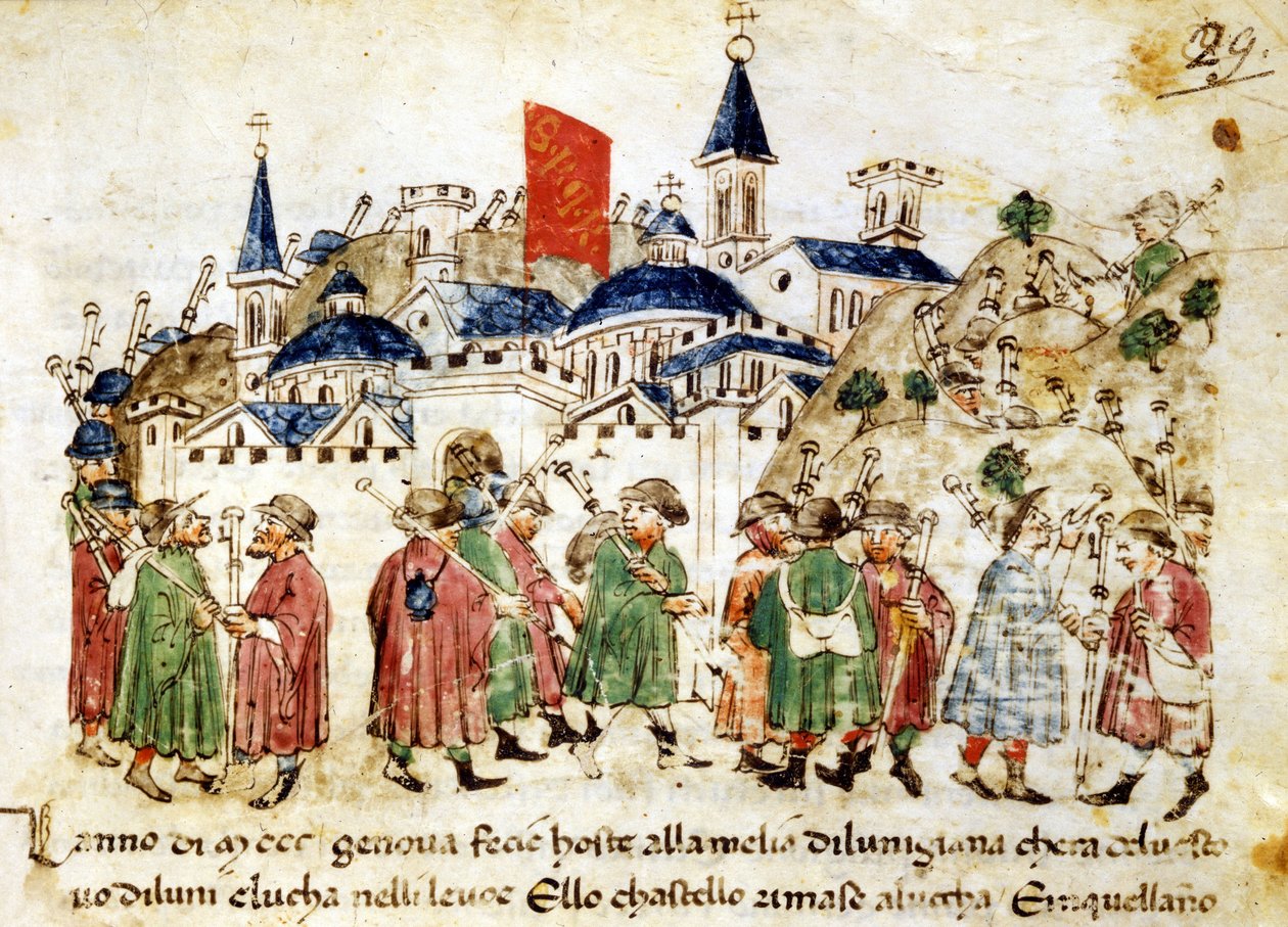 Rejsende pilgrimme ankommer til Rom. 14. århundrede. Chronicles Sercambi. Lucca, Nationalarkivet. af Unknown artist