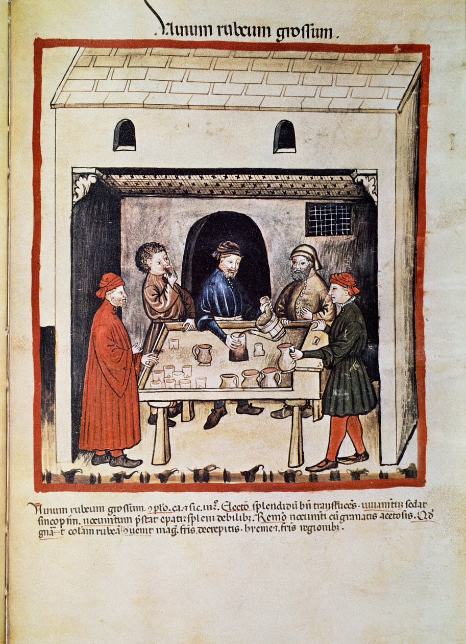 Behandl en læge: "" rødvin, gruppe mænd i et værtshus drikker vin"" Side taget fra "" Tacuinum sanitatis"" (Cod. ser. nov. 2644) Omkring 1400 Wien, Osterreischische Nationalbibliothek af Unknown artist