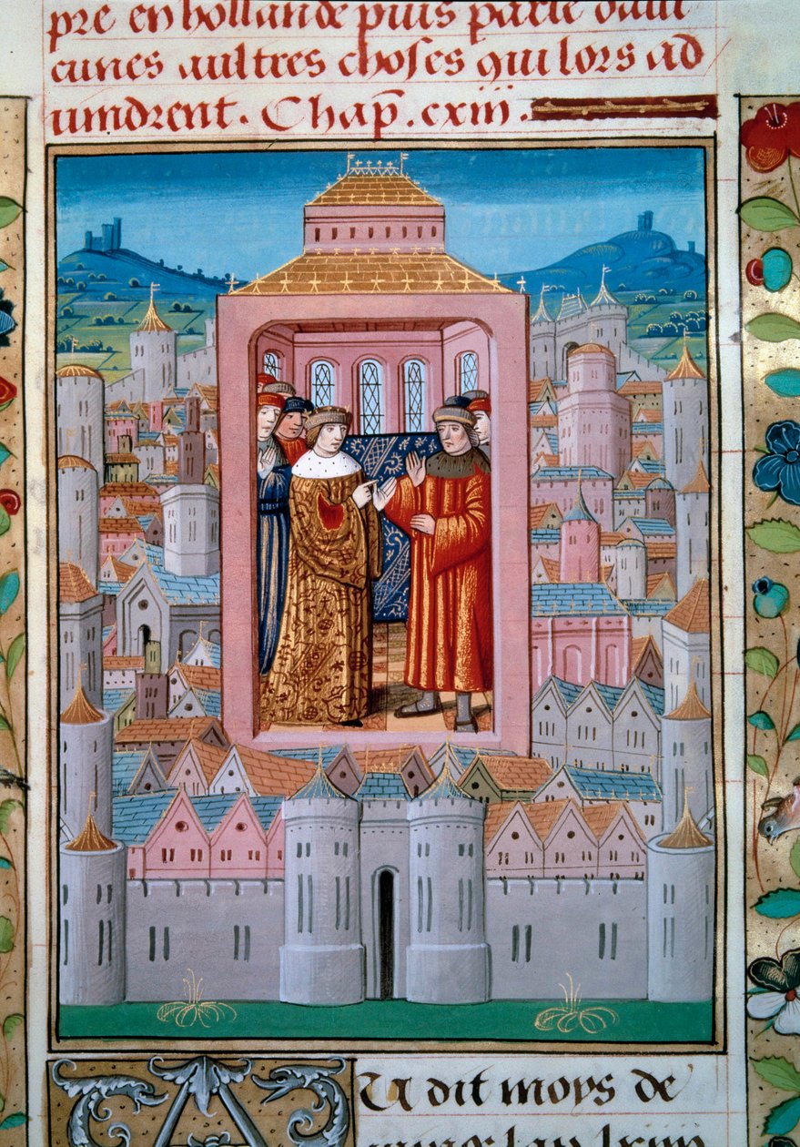 Conflans-traktat den 5/10/1465 mellem kong Louis XI og Charles de Charolais (senere Charles the Temeraire afsluttede oprøret mellem adelsmænd eller League of Public Good. Miniature fra "Les chronicles de Monstrelet" af Enguerrand de Monstrelet (1400-1453)  af Unknown artist