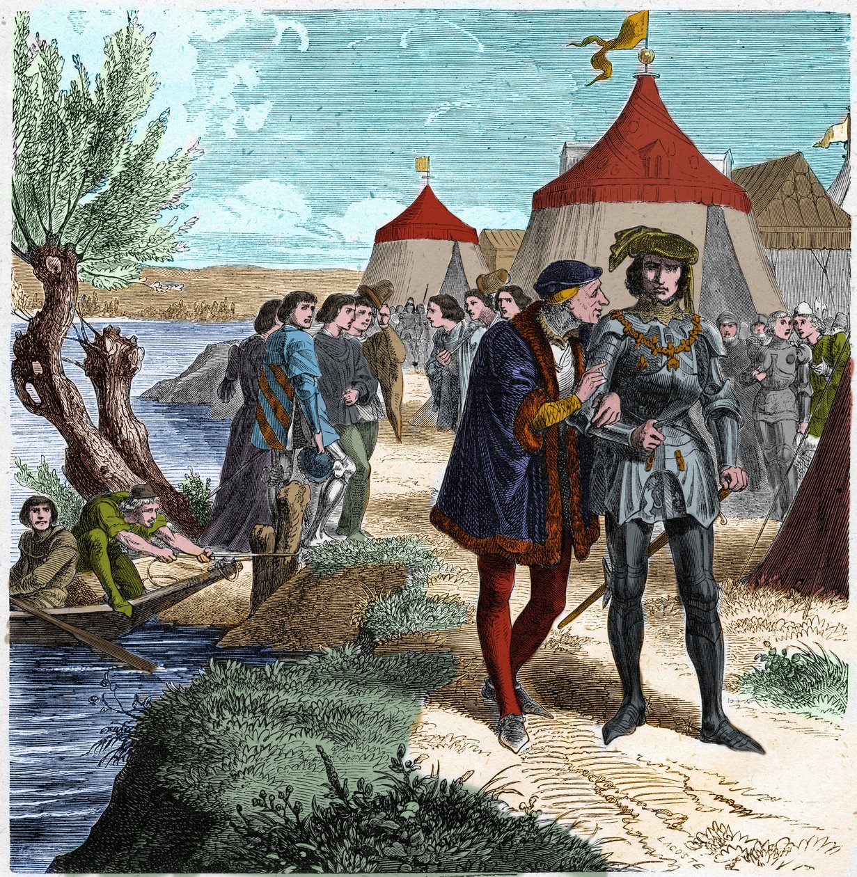 Conflans-traktat den 5/10/1465 mellem kongen af Frankrig Ludvig XI og Charles de Charolais (senere Charles the Temeraire), der afsluttede oprøret mellem adelsmænd eller League of Public Good. Indgravering i "" Histoire De France En Cent malerier af Paul Le af Unknown artist