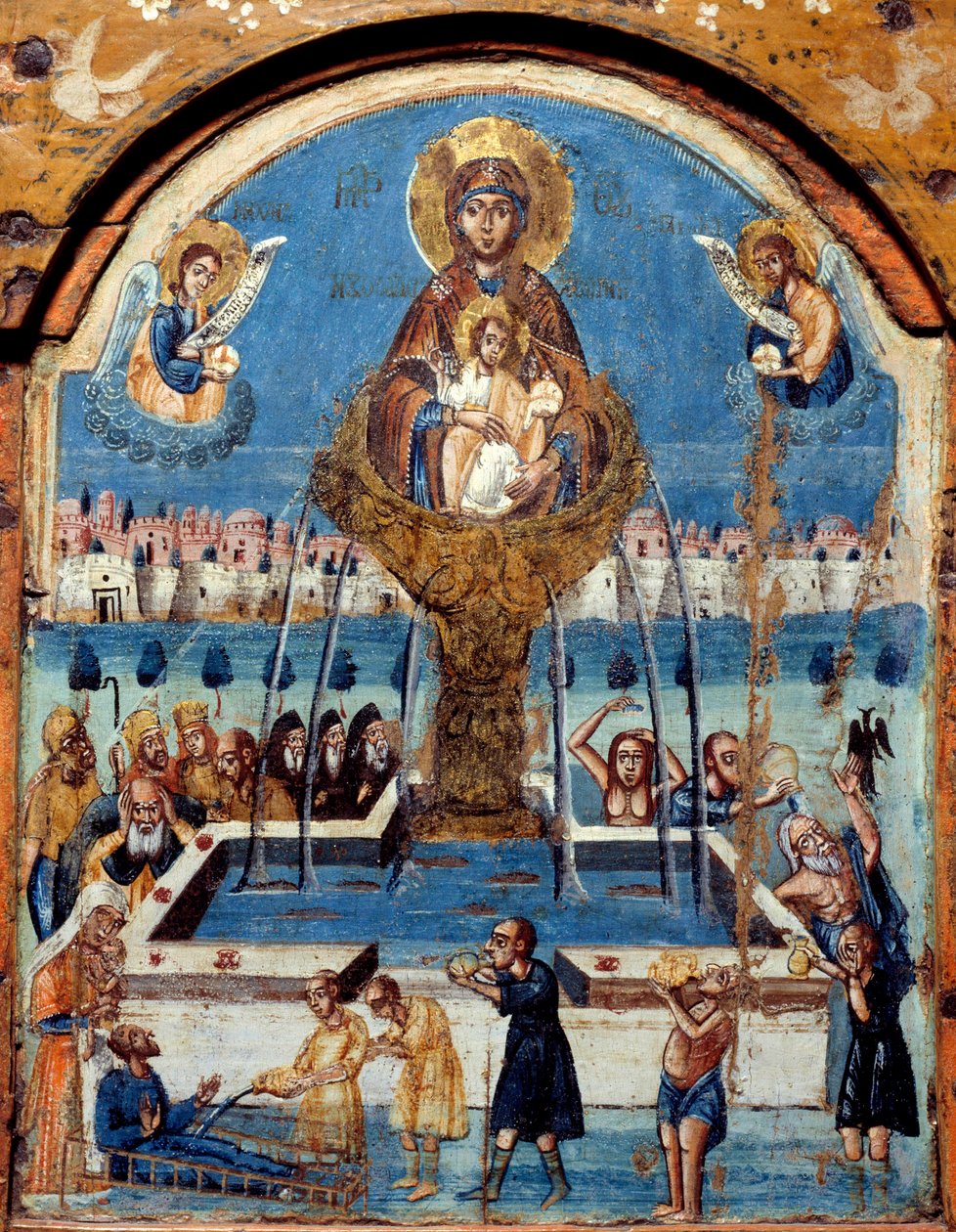 Jomfruens triptykon, kilde til liv Jomfruen galer over en mirakuløs fontæne af vand. Central panneu, maleri på træ fra Mellemøsten. Musee des Beaux Arts i Rouen fra det 19. århundrede af Unknown artist