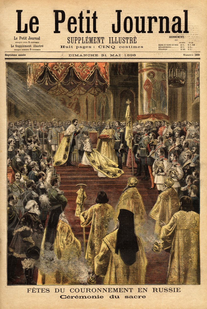 Zar Nicholas II (1868-1918), i Assumption Cathedral (Moskva), kroner sin kone, Alexandra Fedorovna (1872-1918). Indgravering i "" Le petit journal"" 31/05/1896. Selvas samling. af Unknown artist