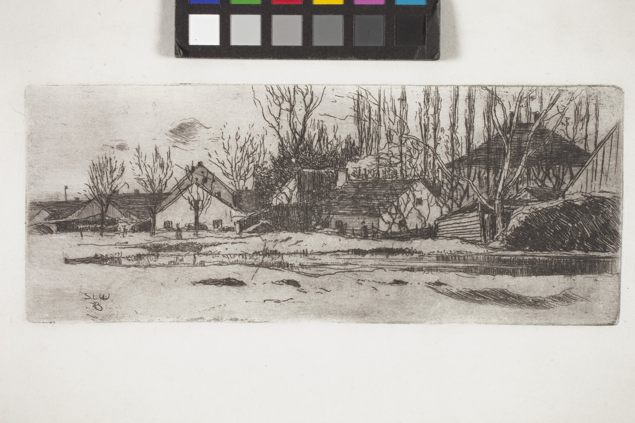Pool foran en landsby med en allee af poppel (ætsning) af Unknown artist