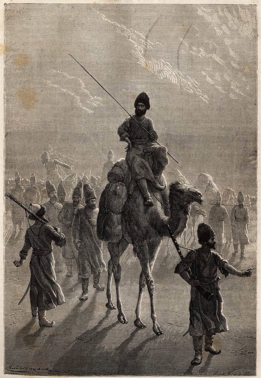 Tyrkiske fanger taget til Teheran med det formål at udveksle nag eller udveksle mod andre fanger. Gravering for at illustrere historien om Henri de Blocqueville "14 mois de captivite chez les turcomans"" mellem 1860 og 1861, i "Le tour du mo af Unknown artist