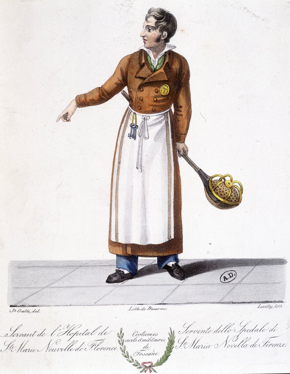 Toscana kostume: Sygeplejerske. Tjener fra Hospitalet Santa Maria Novella i Firenze. Indgravering af det 19. århundrede. af Unknown artist