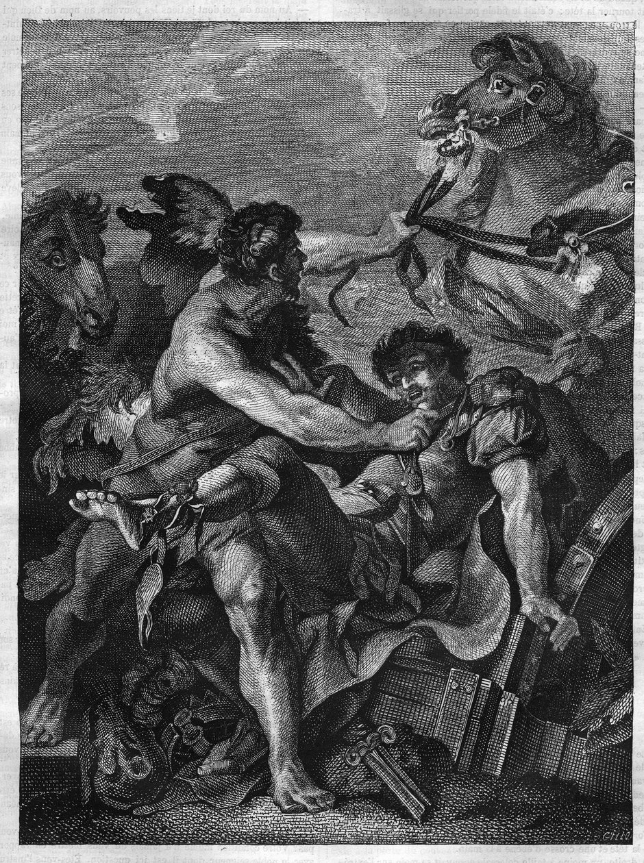 Tolv værker af Hercules: Diomede dræber af Hercules og spiser af sine egne heste. gravering efter maleriet af Jean-Baptiste-Marie (Jean Baptiste Marie) Peter. (1714-1789) af Unknown artist