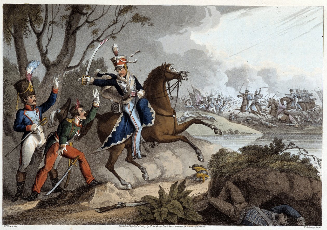 To franske officerer taget til fange i slaget ved Albuera - i "Historiske, militære og flådeanekdoter..." af Edward Orne af Unknown artist
