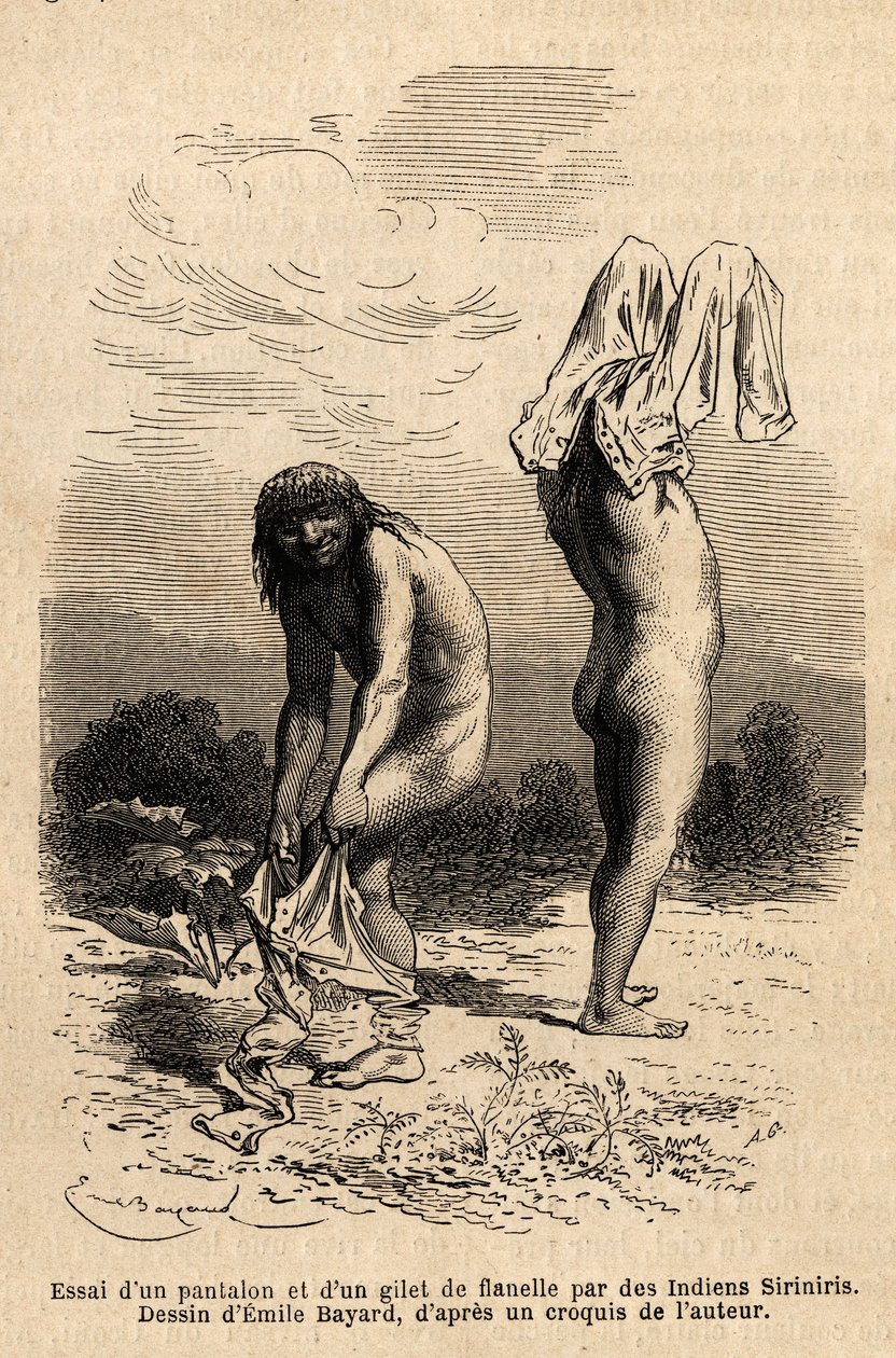 To Siriniris-indianere forsøger at overtrække bukser og vest, som et medlem af ekspeditionen havde lagt til tørre ved bredden af søerne ved foden af Mount Basiri (Peru). Engravure pour illustrrer le voyage dans les vallees de Quinquinas (Peru), af Paul Mar af Unknown artist