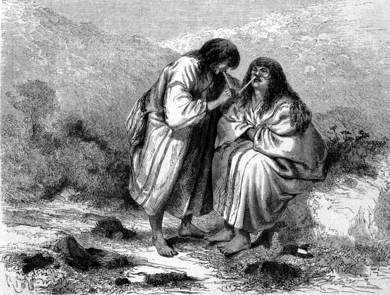 To indioer fra Peru, der tager tobak. 1800-tals gravering. af Unknown artist