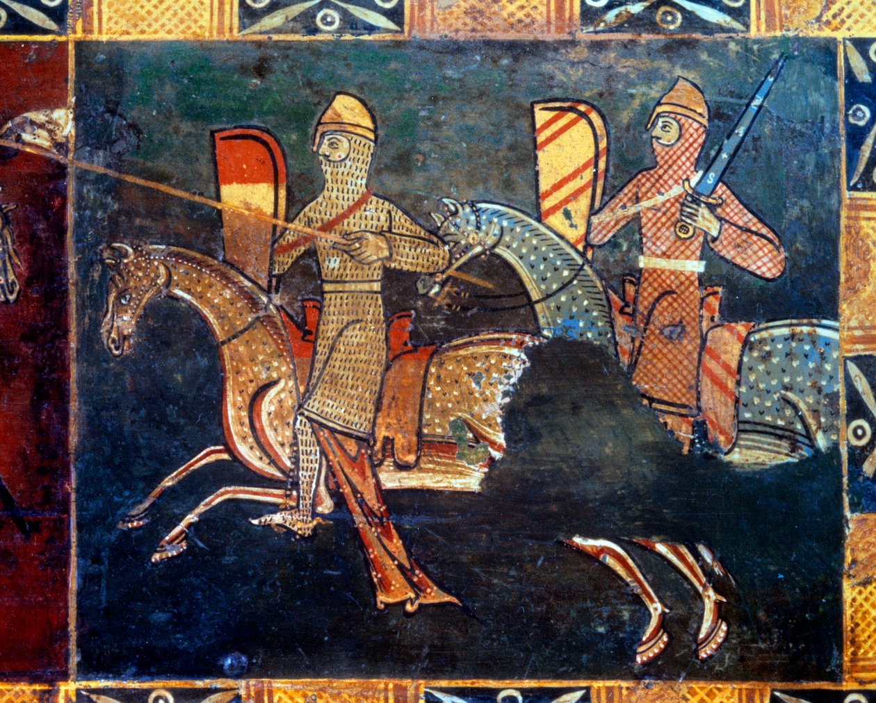 To riddere i siden af nettet går i kamp. Detalje af udsmykningen af en bryllupsæske, der skildrer scener af seigneurialt liv. 14. eller 15. århundrede. Vannes, Vannes museum af Unknown artist