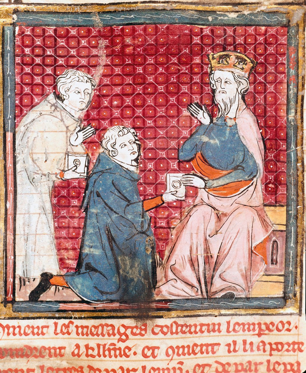 To budbringere annoncerer i Karl den Store (742-814) sejren over miniaturesaracenerne fra "" Grandes Chronicles de France"" 1375-1379 kommunale bibliotek, Castres af Unknown artist