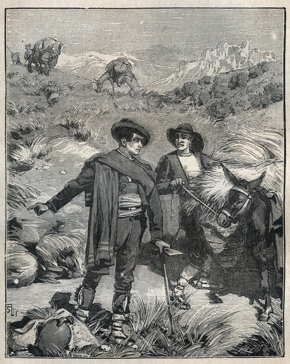 To bønder fra Sierra Almagrera i Spanien opdagede Jaroso sølvforekomsten i 1838. Indgravering fra 1885 i "" Les arts et metiers illustres"" af Adolphe BITARD. af Unknown artist
