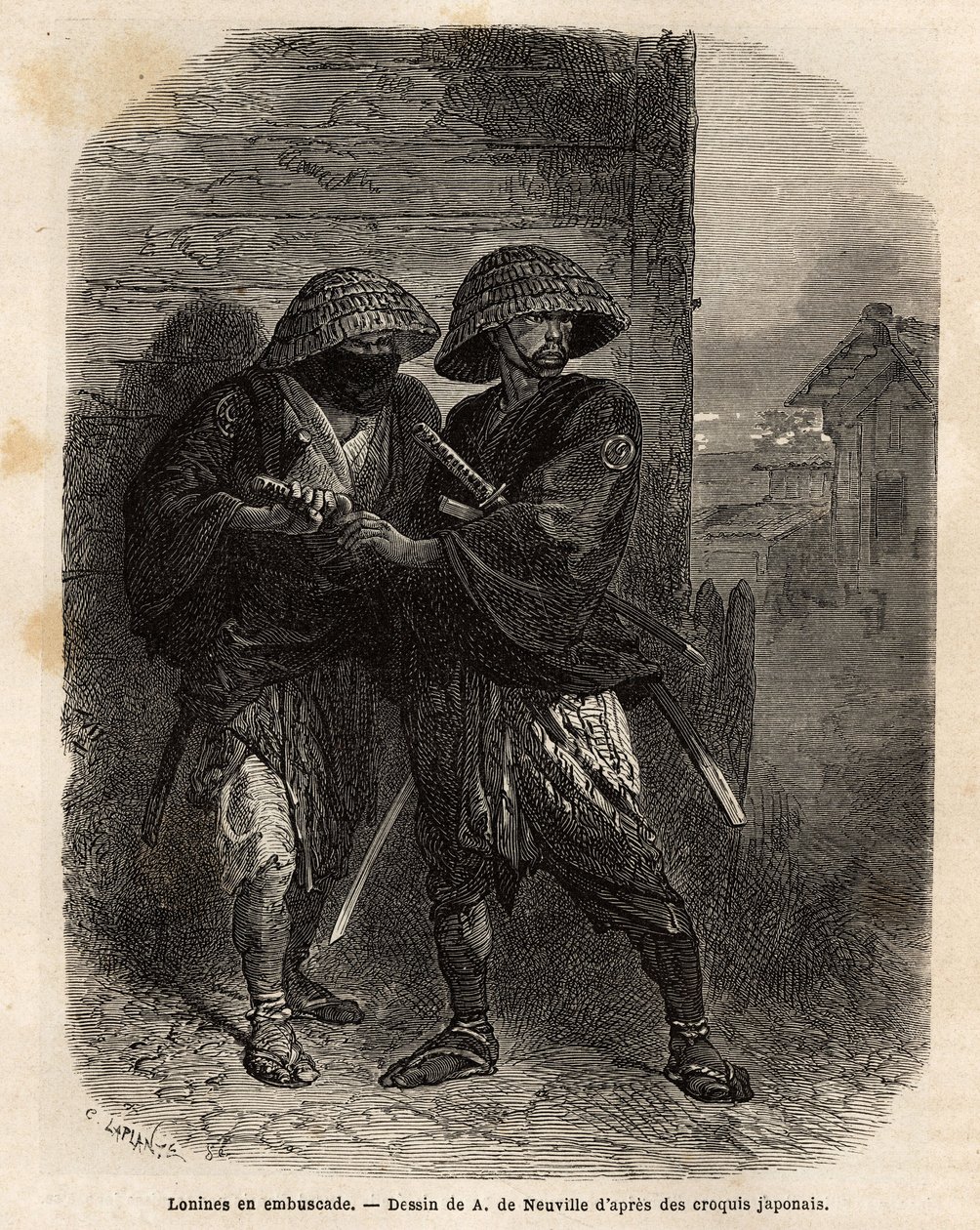 To roniner (samurai har mistet sin herre) stående i baghold. Indgravering til illustration af rejsen til Japan i 1863-1864 af Aime Humbert, minister for Det Schweiziske Forbund, i "" Le tour du monde, nouveau journal des voyages"" udgivet under ledelsen af Unknown artist
