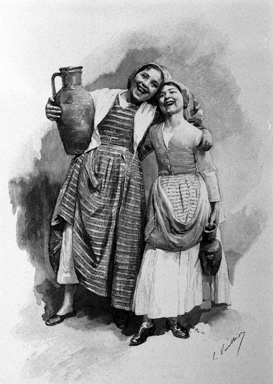 To unge kvinder af folket, der bor i Palermo. Siciliens gravering af det 19. århundrede af Unknown artist