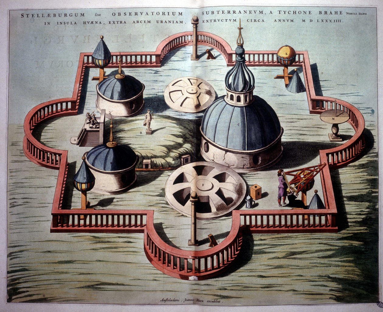 Tycho Brahes “Sternburg”-observatorium på den danske ø Hven i Sundet (1584) - baseret på en tids kobberstik. "Novus Atlas" af Unknown artist