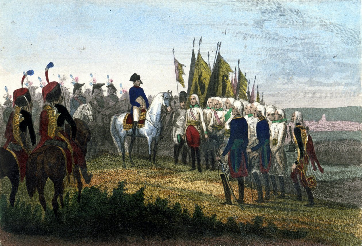 Ulm overgivelse. 20/10/1805. Den østrigske hær besejrede Napoleons tropper. Indgravering af det 19. århundrede. af Unknown artist