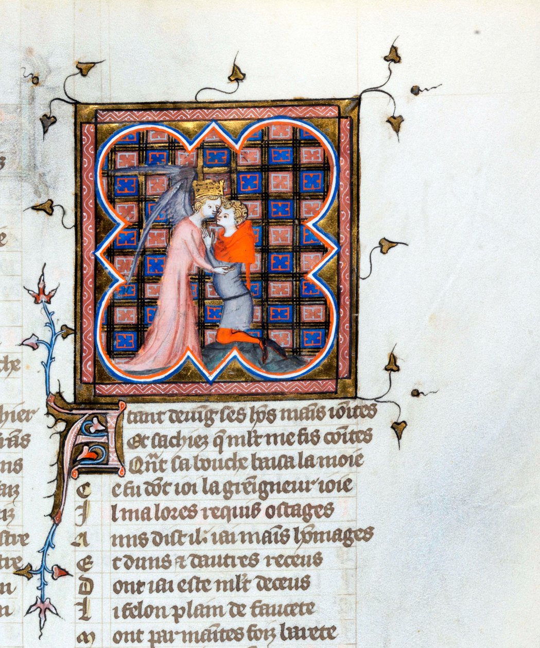 ""En kronet engel, der omfavner en mand"" Oplyst side fra manuskriptet ""Le Roman de la Rose"" af Guillaume de Lorris (ca. 1200-1238) og Jean de Meun (Meung) (1240-1305) ca. 1353 Schweiz bibliotek fra Genève af Unknown artist