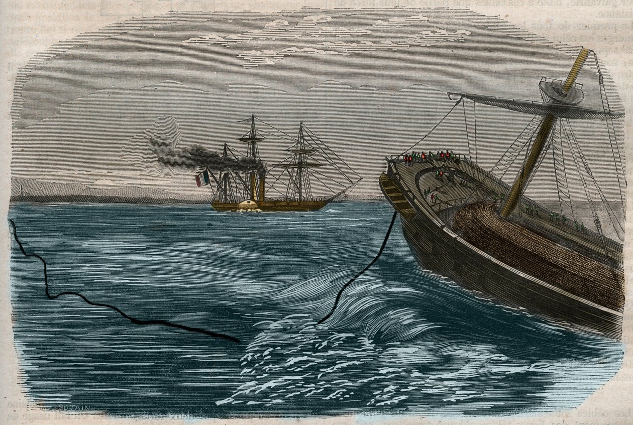 Undersøiske telegrafiske linjer: Udlægningen af et undersøisk kabel (ubåd) Indgravering af 1857. af Unknown artist