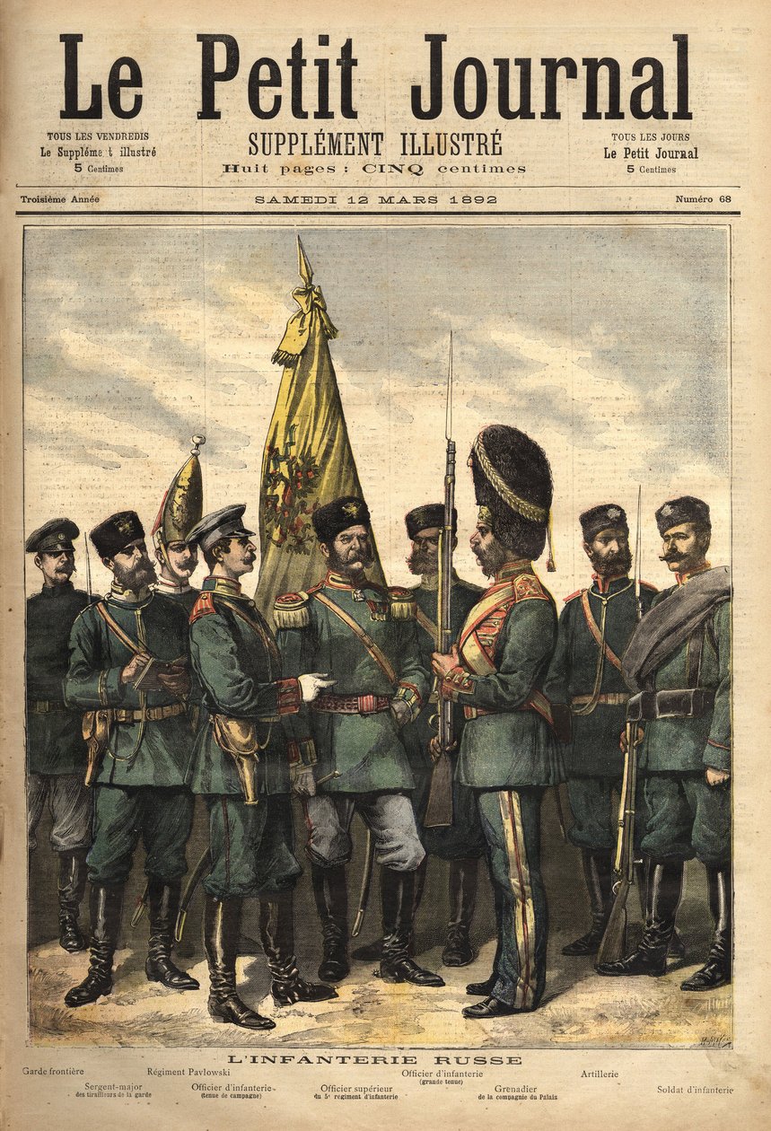 Uniformer fra det russiske infanteri, allieret med Frankrig, fra venstre mod højre: grænsevagten, vagternes sergentmajor, Pavlowski-regimentet, officeren, den overordnede officer, paladsgrenaderen, artilleriuniformen og soldaten. Gravering i af Unknown artist
