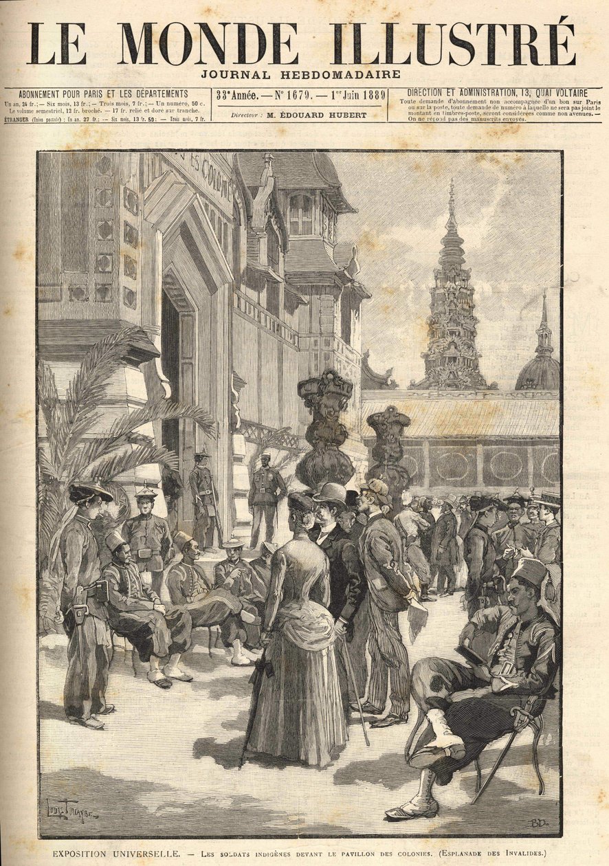 Verdensudstilling 1889 - Indfødte soldater foran kolonipavillonen (Esplanade des Invalides). Forside "" Le Monde Illustré"" fra 01/06/1889. af Unknown artist