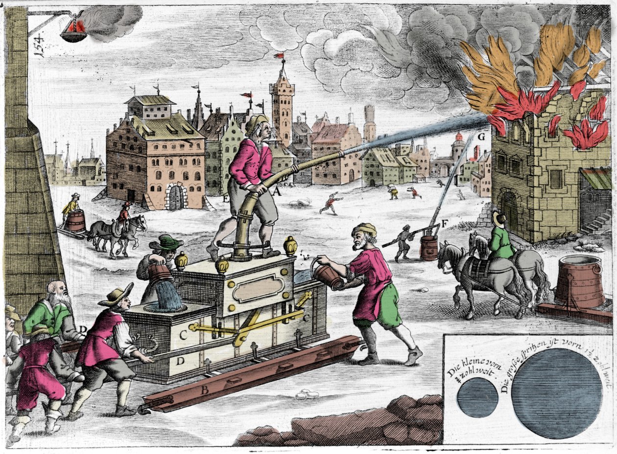 Brandvæsenets brug af brandpumpe. Gravering fra "" Theatrum Machinarum novum"" af Georg Andreas Bockler (1644-1698) af Unknown artist