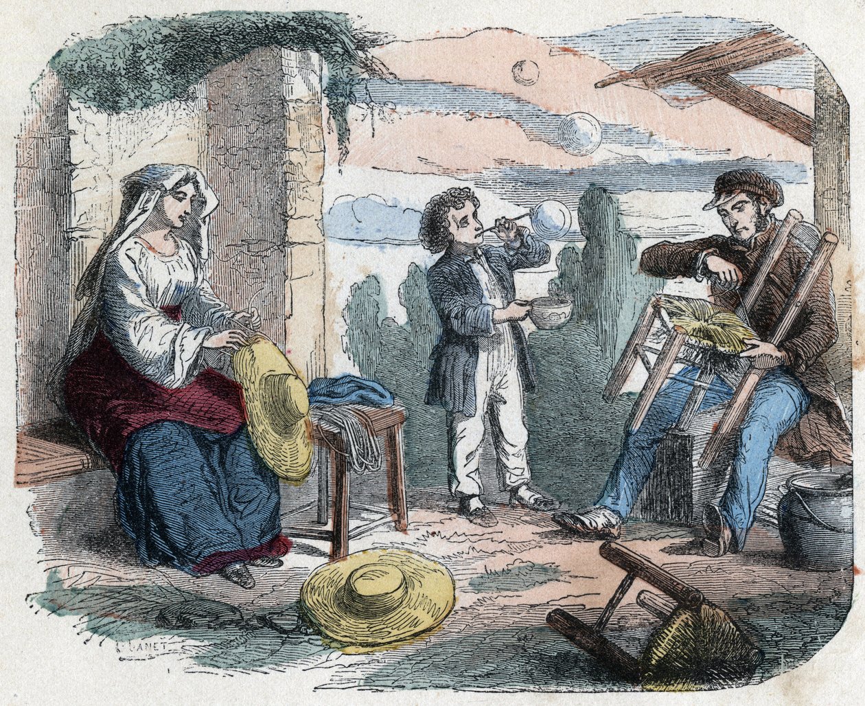 Brug af halm i det 19. århundrede: en mand pynter en stol med halm, en kvinde fletter hatte (kurvetøj), et barn laver sæbebobler med et sugerør. Gravering sidst i 1800-tallet. af Unknown artist