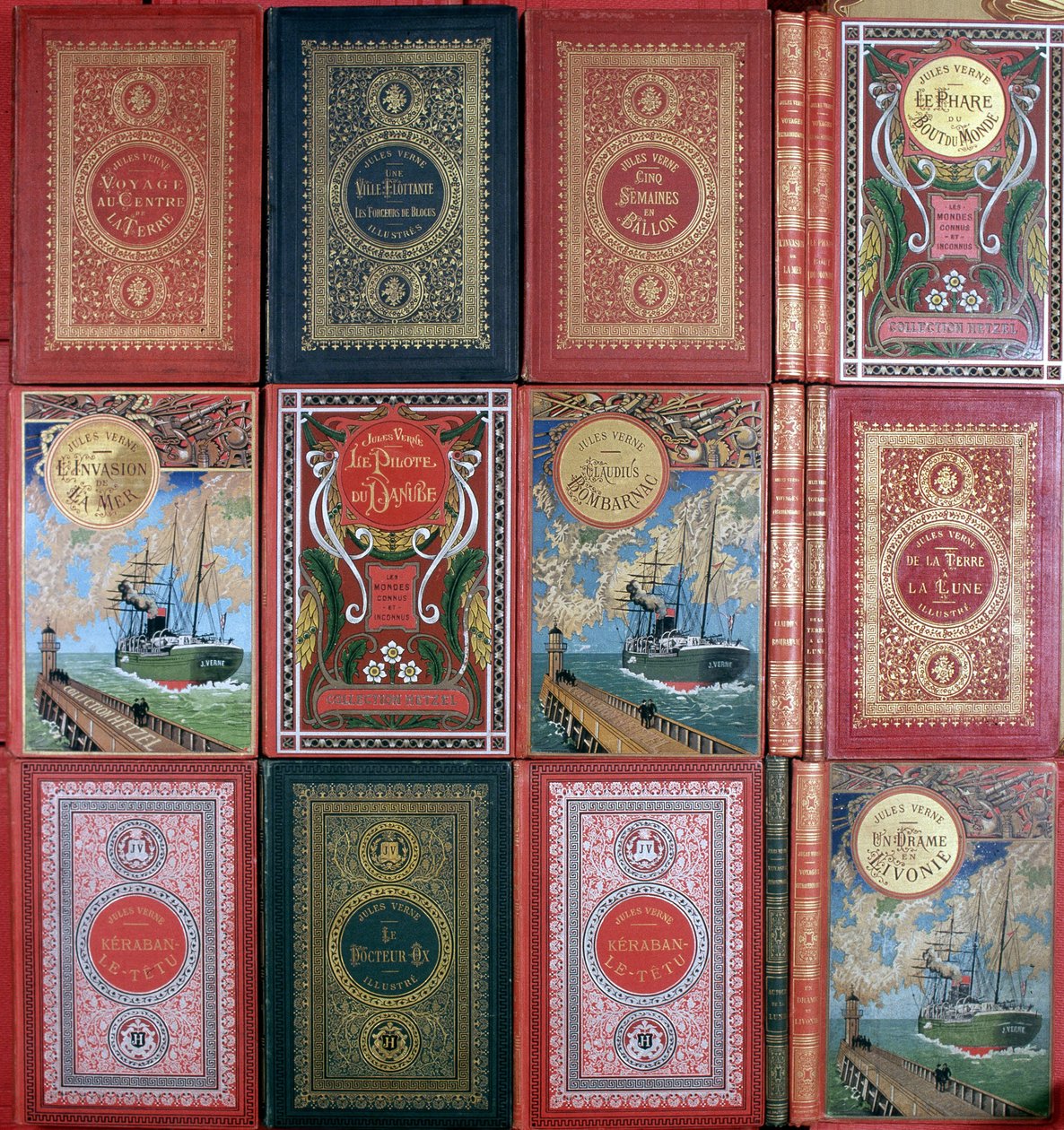 Forskellige forsider af Jules Vernes bøger udgivet i Hetzel-udgaver. Jules Verne bibliotekssamling. Paris. af Unknown artist