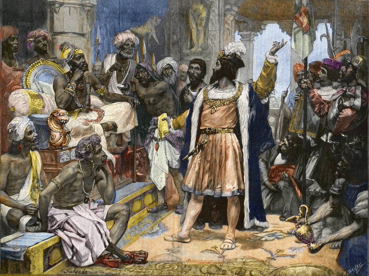 Vasco da Gama leverer brevet fra kong Manuel af Portugal til Samorim af Calicut - efter maling, ca. af Unknown artist