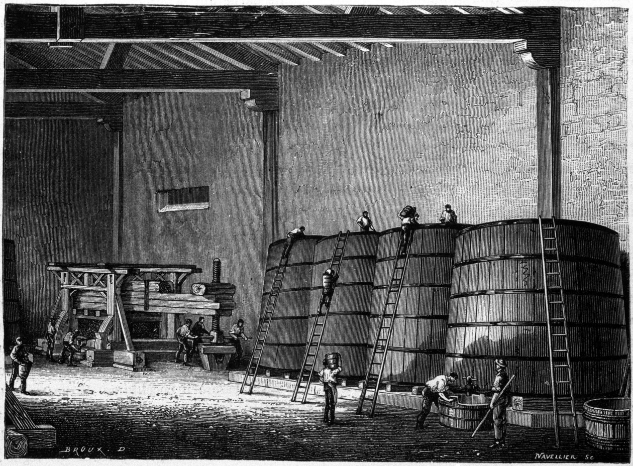 Vats og presse brugt i vinkælderne i Bourgogne Clos Vougeot Graving of the 19th Century af Unknown artist