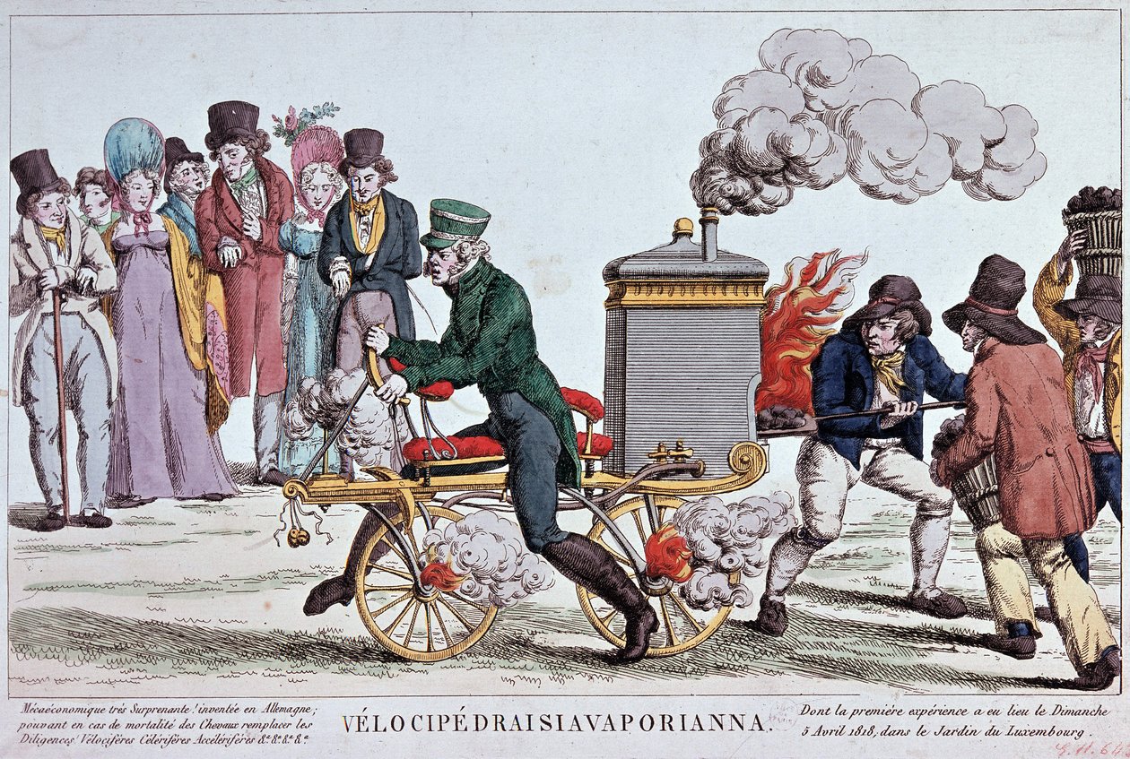 Velocipedraisiavaporianna: dampvelocipede - gravering omkring 1818, Bibl. af byen Paris. af Unknown artist