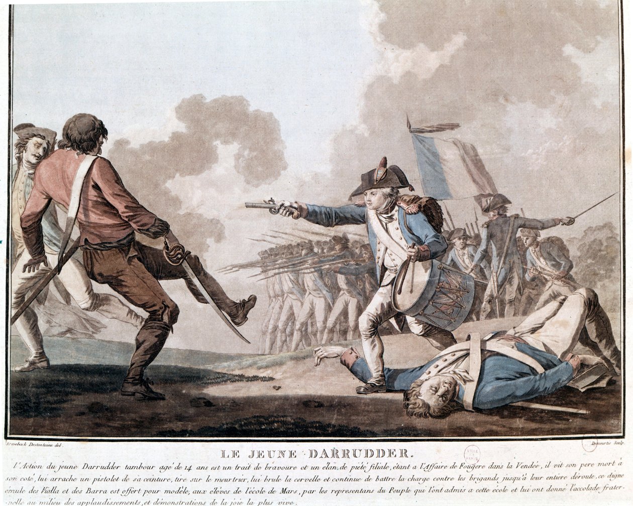Vendées oprør: den unge Darruder. Dette er et eksempel på patriotisk heltemod, da Darruder var en 14-årig dreng, der tog sin fars våben, der lå død, for at dræbe sin lejemorder og fortsætte kampen. 1793. af Unknown artist