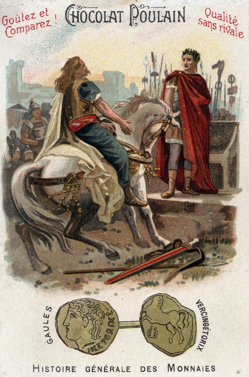 Vercingetorix (72-46 f.Kr.), leder af det galliske oprør, lægger våben ned for fødderne af Cesar (100-44 f.Kr.), efter definitivt at have mistet byen Alesia - In General History of Coins - Chokolade-Føl Chromolithography of the late 1800-tallet - Privat Co af Unknown artist
