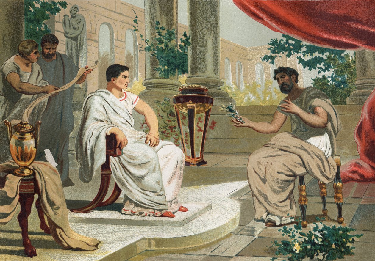 Vespasian (på latin Titus Flavius Vespasianus) med Plinius den Ældre. efter berømte hombres y Mujeres. Barcelona 1877. Plinius Den Ældre (23-79) - af Unknown artist