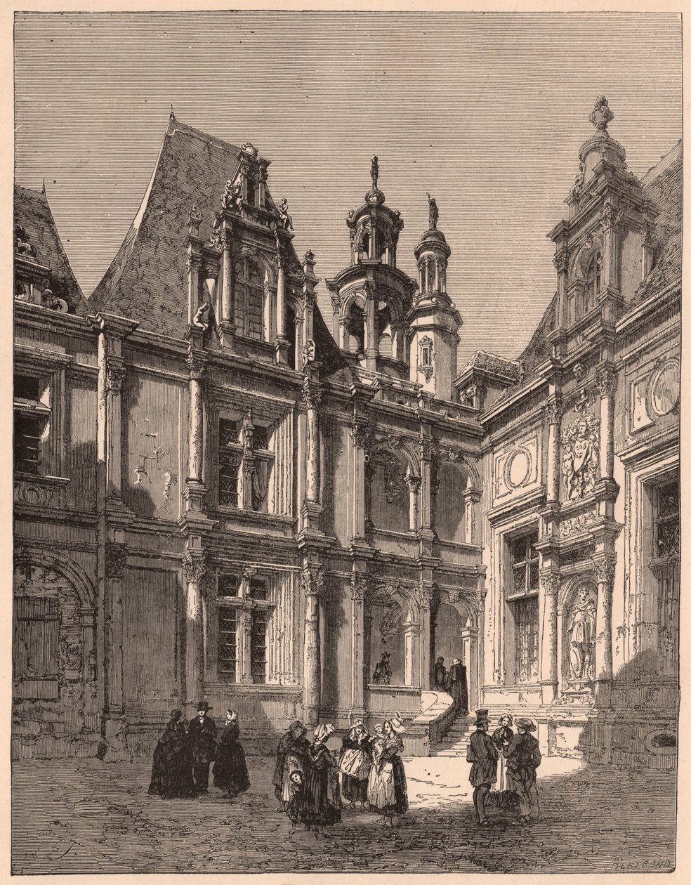 Udsigt fra det indre af gårdspladsen på Hotel Escoville i Caen i 1860, Frankrig af Unknown