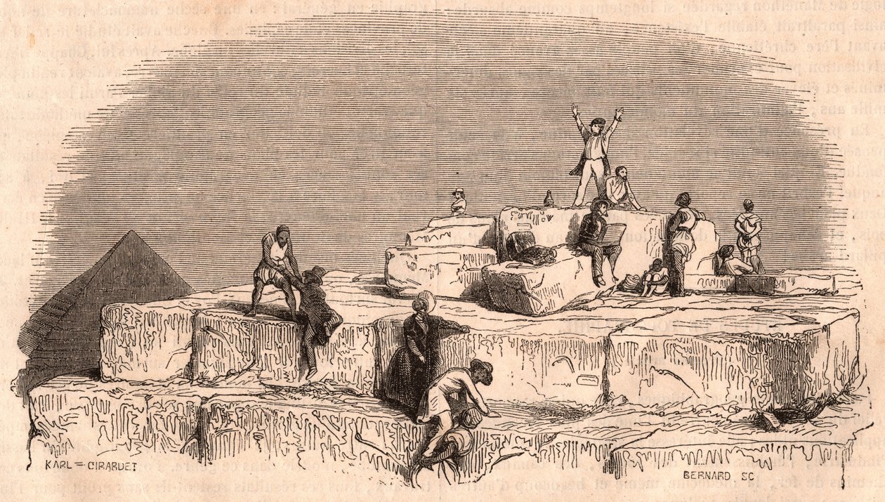 Udsigt fra toppen af den store pyramide i Khufu: en gruppe europæere, der ankommer til toppen hjulpet af egyptere af Unknown