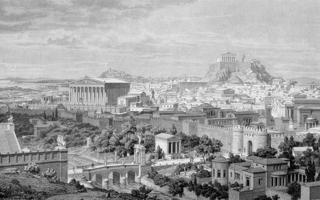 Udsigt over Athen, Hadrians tempel og Akropolis. af Unknown artist