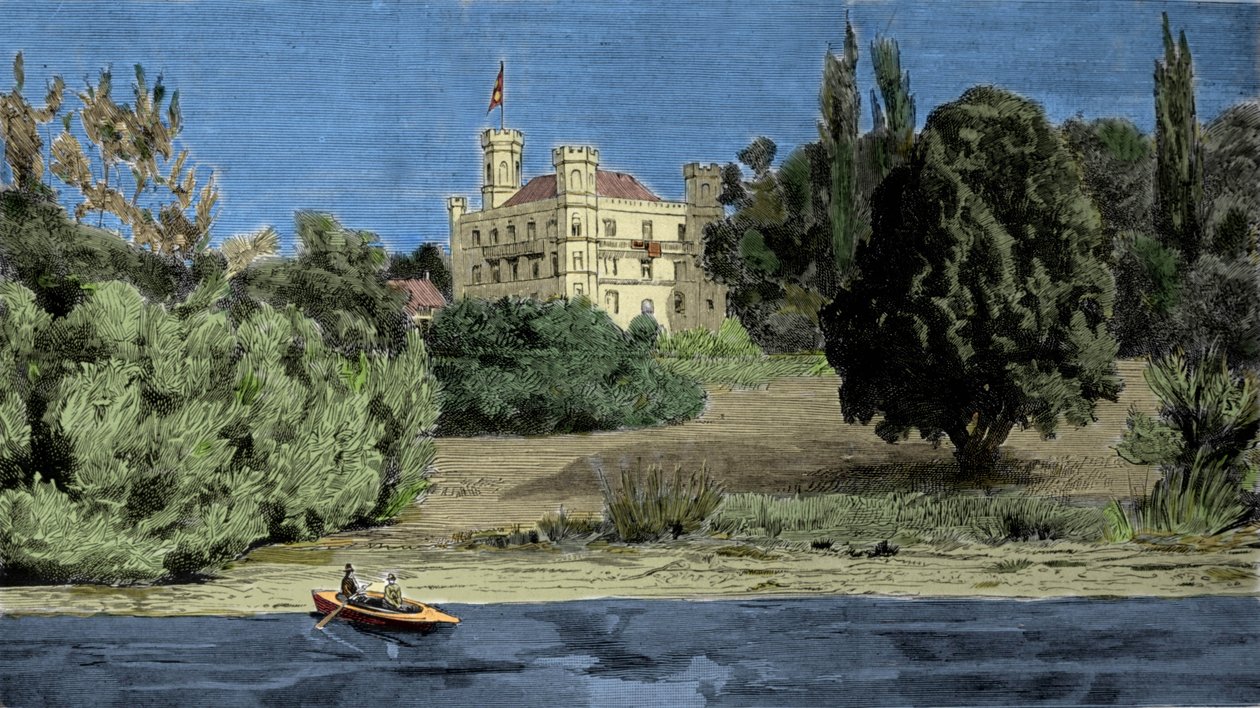 Udsigt over Berg Slot og søen Stamberg, hvor liget af Ludvig II af Baviere blev fundet (Ludwig II von Bayern eller Ludwig Otto Frederik Wilhelm von Wittelsbach (1845-1886)). af Unknown artist