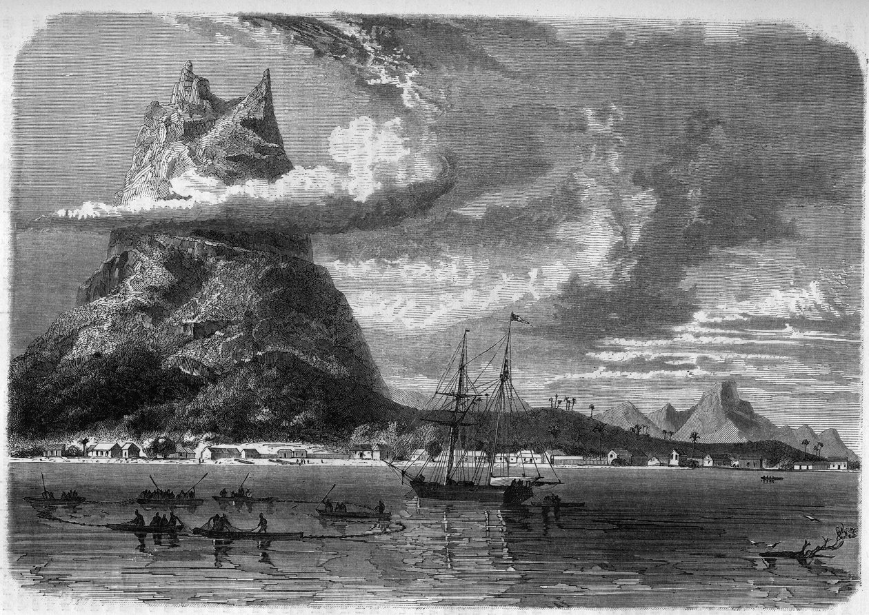 Udsigt over Bora Bora (Bora-Bora) i Polynesien i slutningen af det 19. århundrede i "The Journal of Youth" fra 1888. af Unknown artist