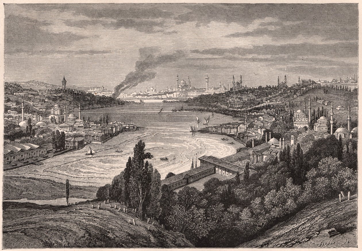 Udsigt over Konstantinopel, det nuværende Istanbul, og Det Gyldne Horn i det XIX århundrede af Unknown