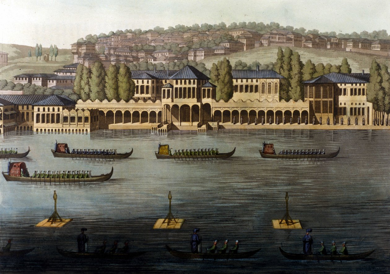 Udsigt over Konstantinopel, en af sultanens boliger langs Bosporus. 19. århundrede. af Unknown artist