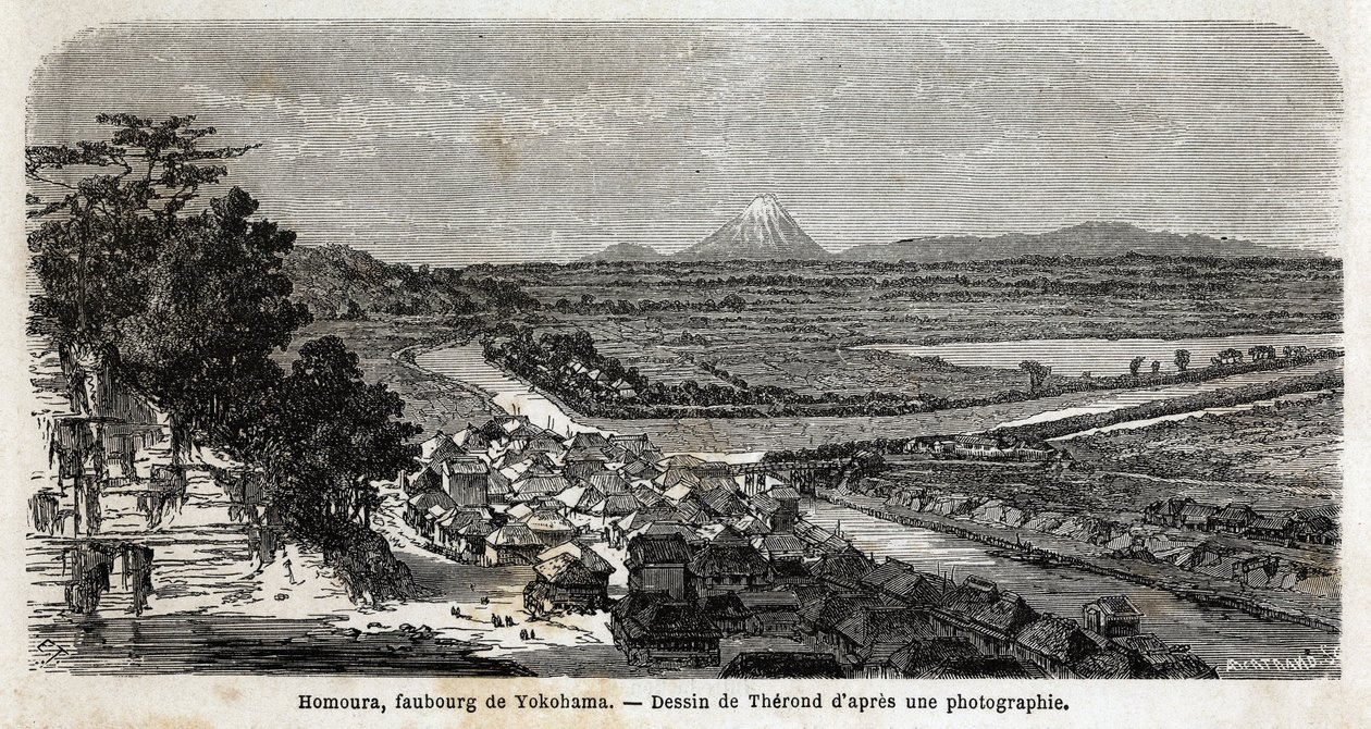 Udsigt over Homoura, forstad til Yokohama, med Fuji-bjerget i baggrunden. Indgravering til illustration af rejsen til Japan i 1863-1864 af Aime Humbert, minister for Det Schweiziske Forbund, i "Le tour du monde, nouveau journal des voyages", udgivet under af Unknown artist