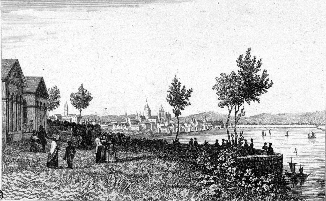 Udsigt over Mainz i Tyskland og Rhinen omkring 1830. af Unknown artist
