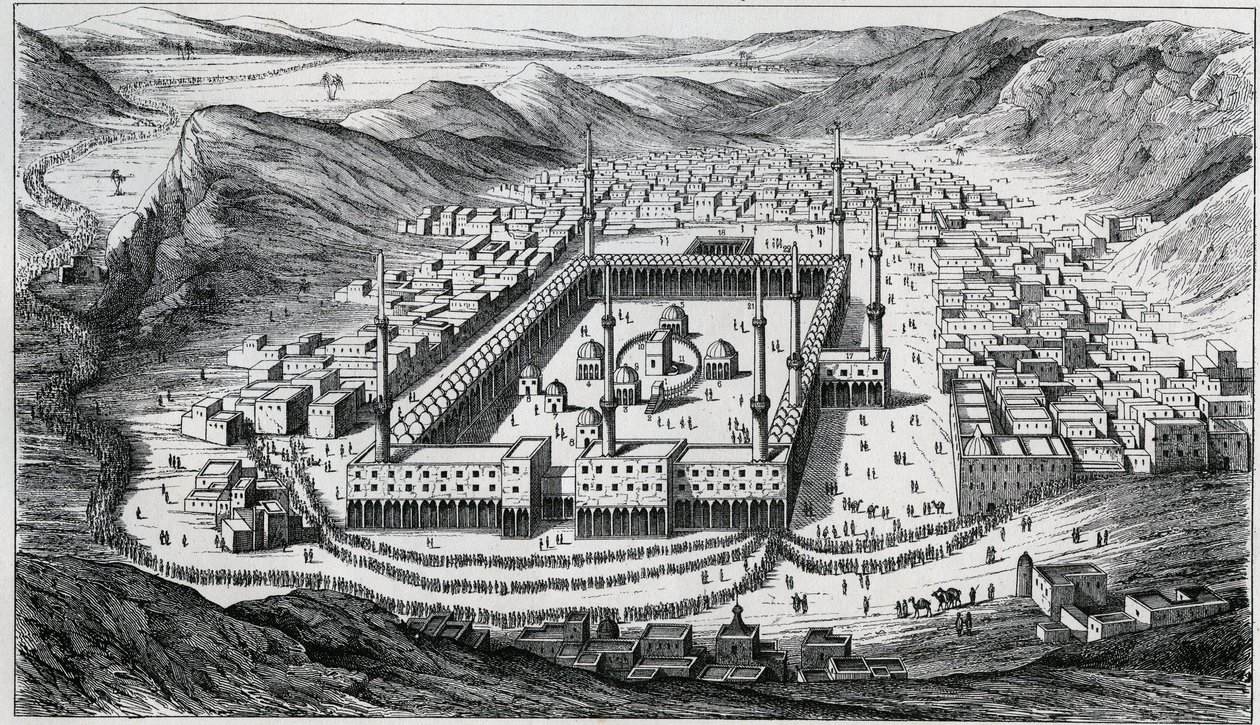 Udsigt over Mekka og dens store moské på tidspunktet for pilgrimmenes besøg - gravering fra det 19. århundrede af Unknown artist