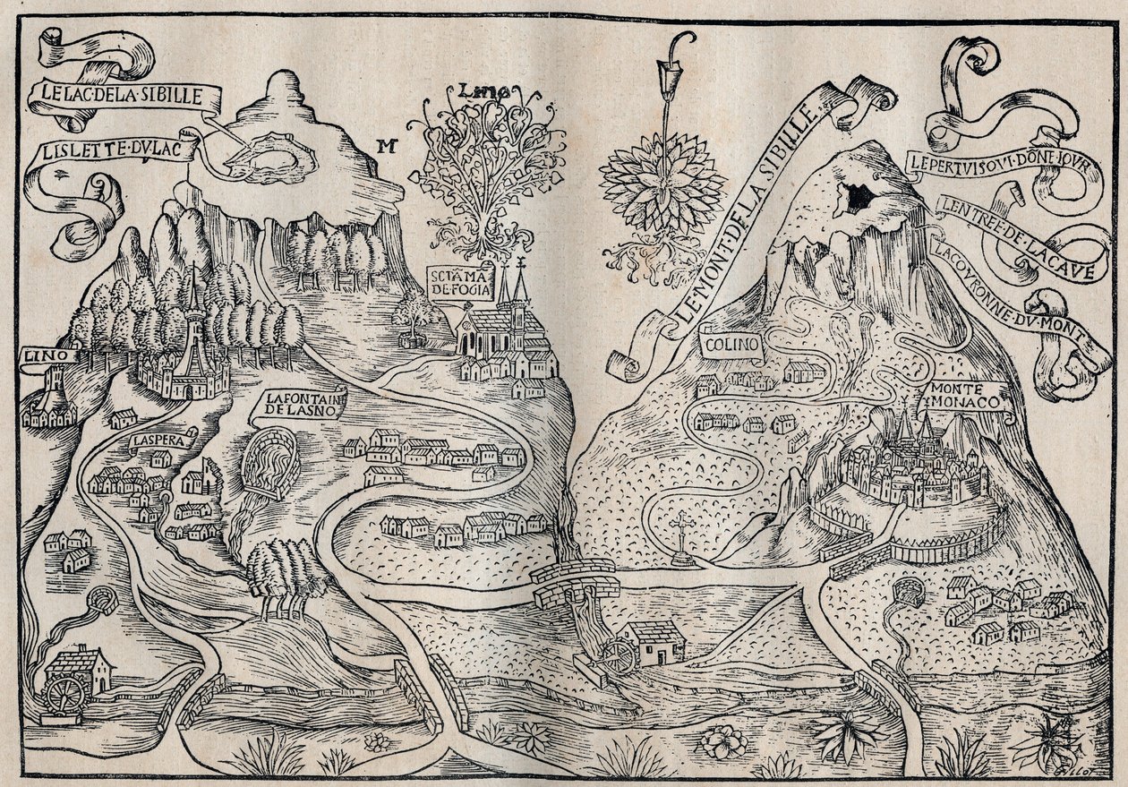 Udsigt over Mount Sibille (Paradis of Queen Sybille) (Dobbeltkort over Mount Pilatus og Mount Sibyl) - Antoine de La Sale (La Salle) Fransk satireskribent fra det 15. århundrede. af Unknown artist