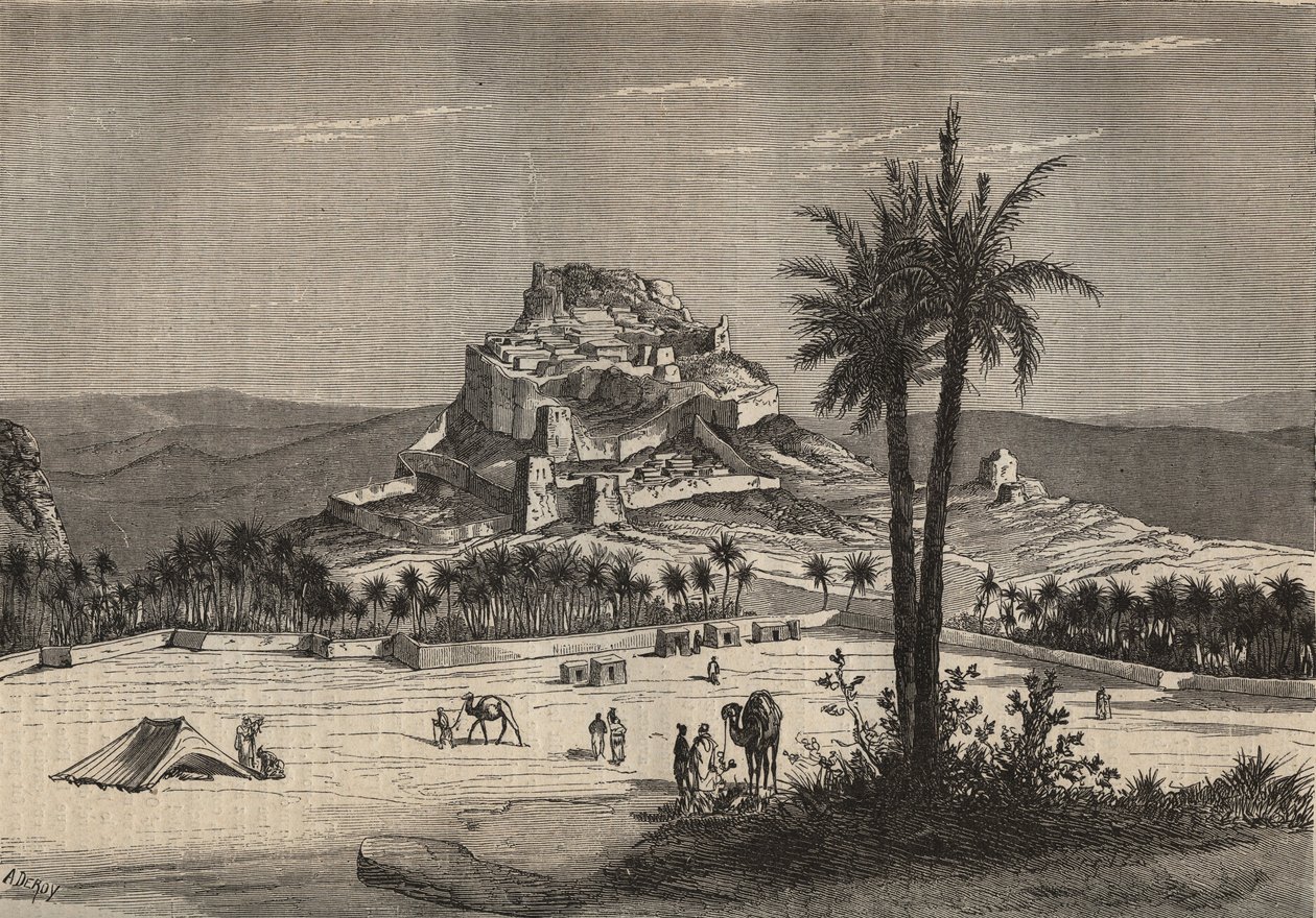 Udsigt over Oued el Golea (El Menia eller El Menea tidligere El Golea) i Algeriet i den sydlige del af provinsen Oran i slutningen af det 19. århundrede - gravering af Unknown artist