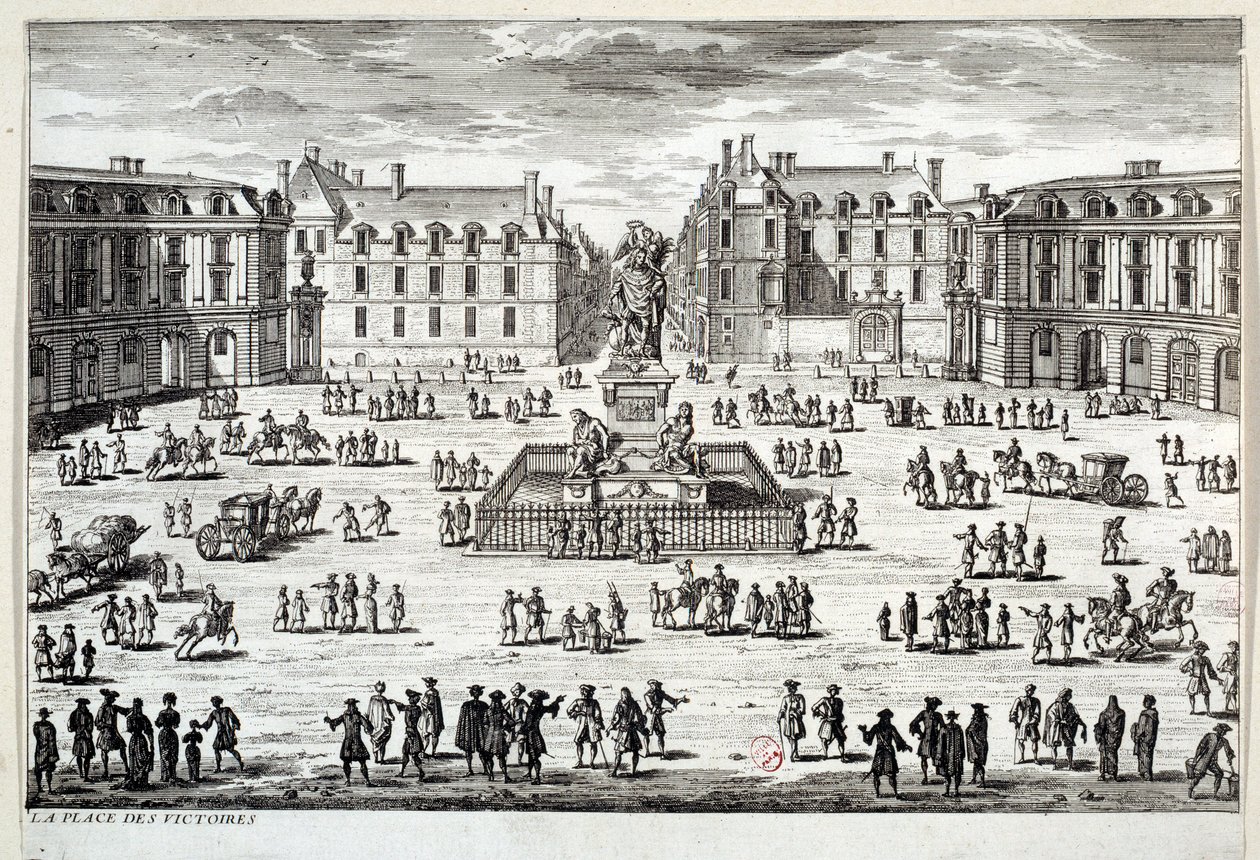 Udsigt over Place des Victoires i Paris med statuen af Louis XIV rejst af marechal de la Feuillade i 1686. Indgravering af det 17. århundredes Paris, Musee Carnavalet af Unknown artist